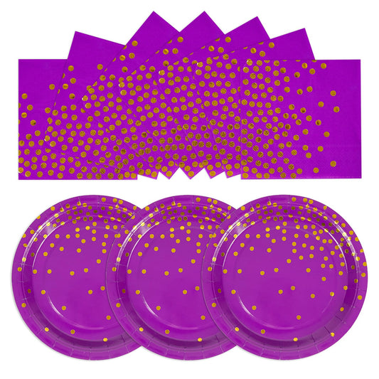 50PCS Purple and Gold Foil Dessert Plates and Napkins Set – 25x 7" Plates, 25x 6.5" Napkins for Birthdays, Weddings & Graduations