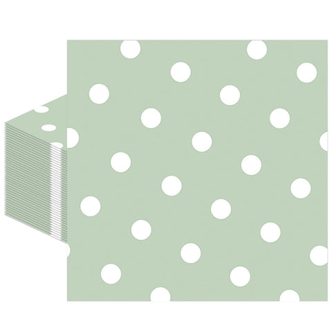 50pcs White Polka Dot Sage Green Napkins, Disposable 2-Ply Cocktail & Happy Birthday Napkins, Polka Dot Party Decorations for Wedding Baby Shower Birthday Bridal Party