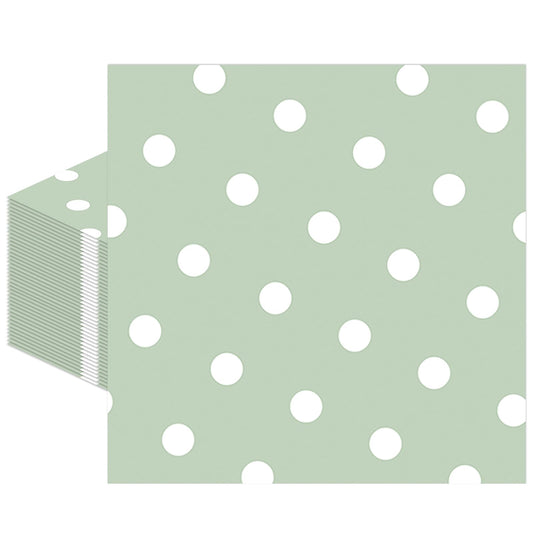 50pcs White Polka Dot Sage Green Napkins, Disposable 2-Ply Cocktail & Happy Birthday Napkins, Polka Dot Party Decorations for Wedding Baby Shower Birthday Bridal Party