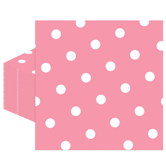 50pcs White Polka Dot Pink Napkins, Disposable 2-Ply Cocktail & Happy Birthday Napkins, Polka Dot Party Decorations for Wedding Baby Shower Birthday Bridal Party