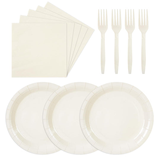 75PCS Paper Plates and Napkins Set, Lvory White Party Supplies Disposable Dinnerware Includes Paper Plates Napkins Forks Decorations for Birthday,Weddings