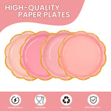 48 Pcs Pink Scalloped Paper Plates,7 Inch Gradient Pink Dessert Party Plates with Gold Foil Disposable Cake Plate Decorative Dinner Serving Plate for Birthday Wedding Graduation Party Supplies