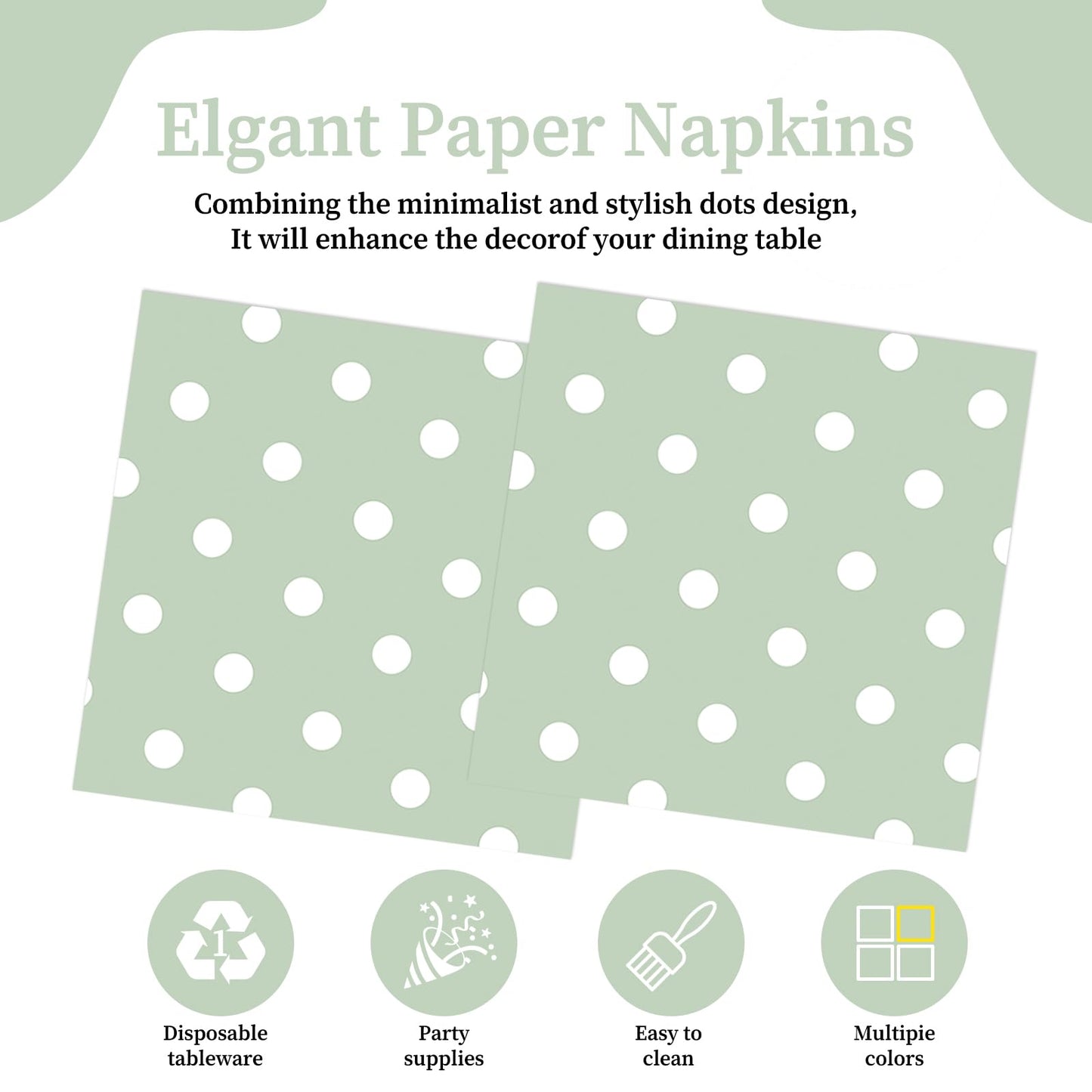 50pcs White Polka Dot Sage Green Napkins, Disposable 2-Ply Cocktail & Happy Birthday Napkins, Polka Dot Party Decorations for Wedding Baby Shower Birthday Bridal Party