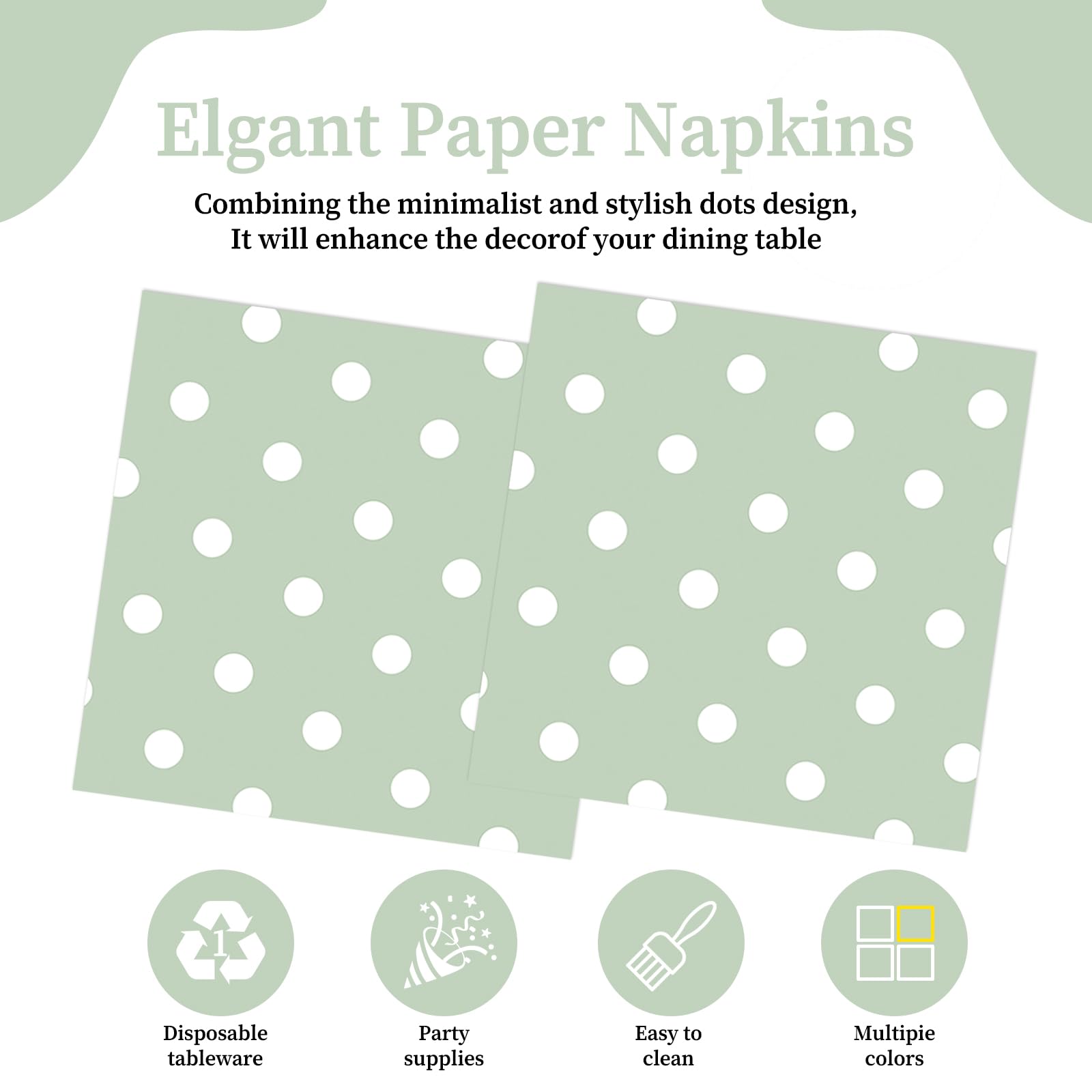 50pcs White Polka Dot Sage Green Napkins, Disposable 2-Ply Cocktail & Happy Birthday Napkins, Polka Dot Party Decorations for Wedding Baby Shower Birthday Bridal Party