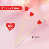 100 Counts Red Heart Cocktail Picks，4.7 Inch Handmade Bamboo Cocktail Toothpicks for Valentine's,Birthday,Wedding,Valentines Day Decoration Party Supplies