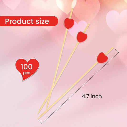 100PCS Red Heart Pearl Cocktail Picks, 4.7" Bamboo Toothpicks for Valentine's Day, Birthdays & Weddings