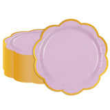 EVYIENEN 50 Pcs Purple Paper Plates,7 Inches Gold Foil Disposable Scalloped Paper Party Plates for Cake Dessert Halloween Fall Thanksgiving Birthday Wedding Baby Shower Party Decorations