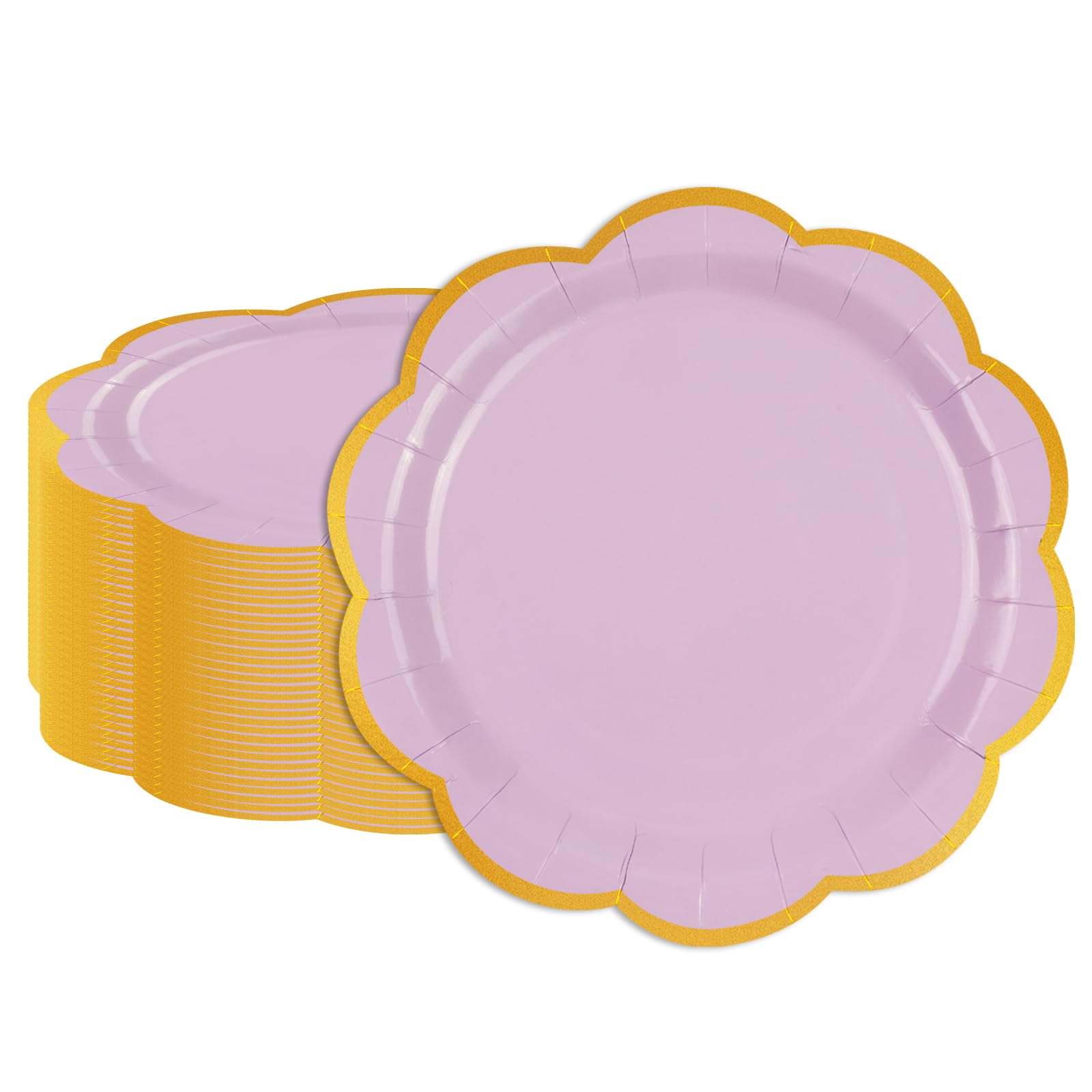EVYIENEN 50 Pcs Purple Paper Plates,7 Inches Gold Foil Disposable Scalloped Paper Party Plates for Cake Dessert Halloween Fall Thanksgiving Birthday Wedding Baby Shower Party Decorations