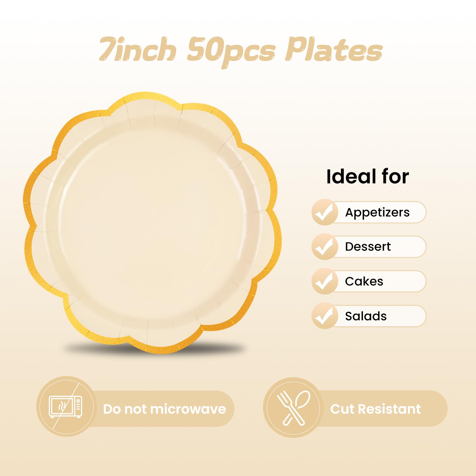 50 Pcs Yellow Scalloped Paper Plates – 9 Inch Gold Foil Party Plates for Birthdays, Weddings & Baby Showers