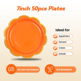 EVYIENEN 50 Pcs Orange Paper Plates,7 Inches Gold Foil Disposable Scalloped Paper Party Plates for Cake Dessert Halloween Fall Thanksgiving Birthday Wedding Baby Shower Party Decorations