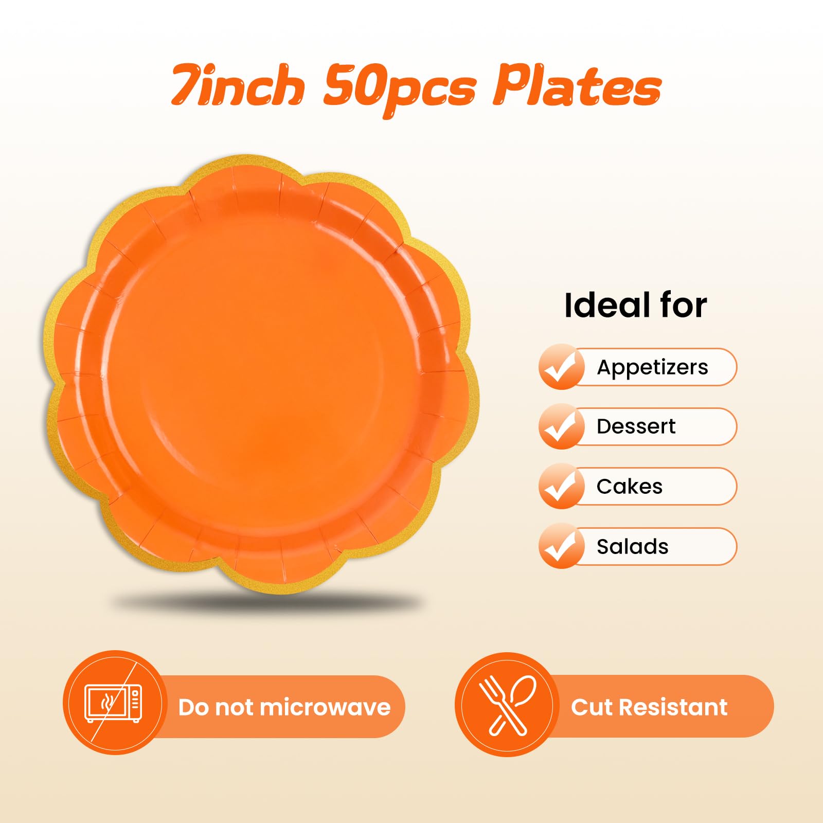 EVYIENEN 50 Pcs Orange Paper Plates,7 Inches Gold Foil Disposable Scalloped Paper Party Plates for Cake Dessert Halloween Fall Thanksgiving Birthday Wedding Baby Shower Party Decorations