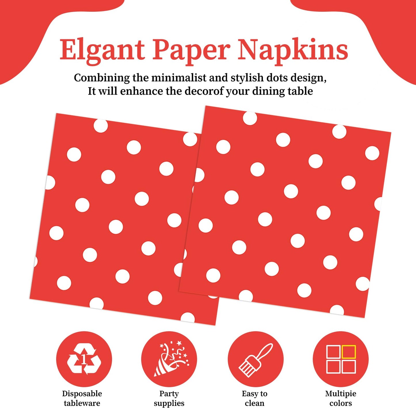 50pcs White Polka Dot Red Napkins, Disposable 2-Ply Cocktail & Happy Birthday Napkins, Polka Dot Party Decorations for Wedding Baby Shower Birthday Bridal Party