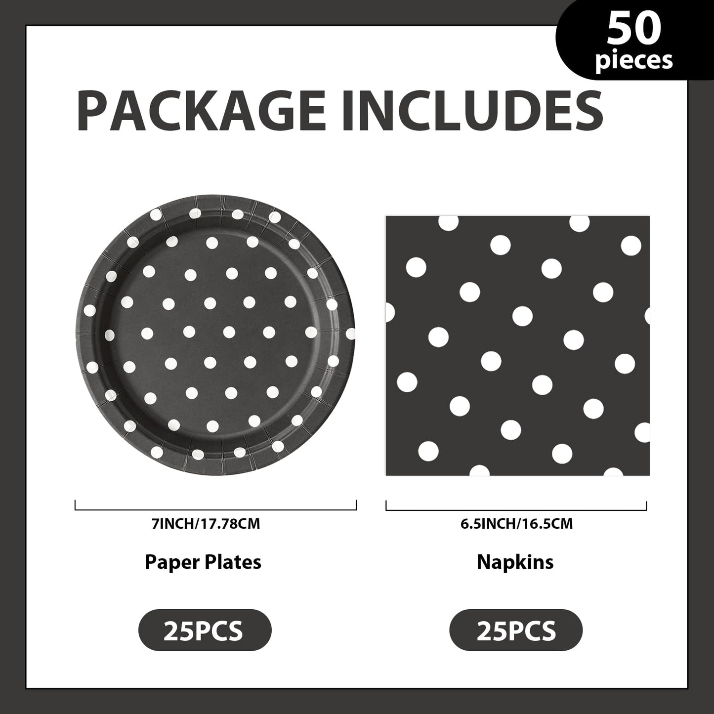 EVYIENEN 50PCS Black Polka Dot Paper Plates and Napkins Party Supplies, Black and White Party Plates and Napkins Tableware Set for Birthday Bridal & Baby Shower Wedding Party Decoration