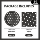 EVYIENEN 50PCS Black Polka Dot Paper Plates and Napkins Party Supplies, Black and White Party Plates and Napkins Tableware Set for Birthday Bridal & Baby Shower Wedding Party Decoration