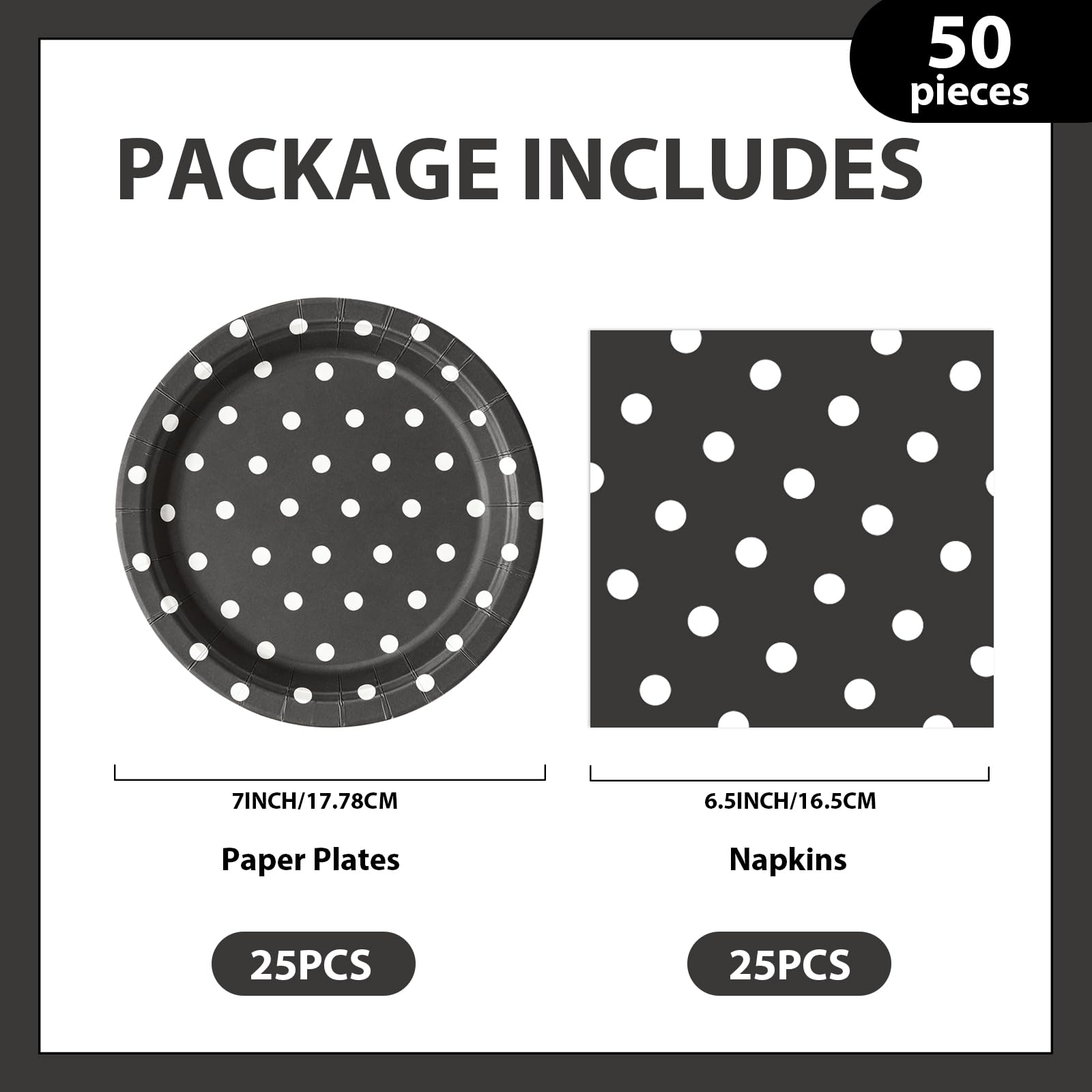 EVYIENEN 50PCS Black Polka Dot Paper Plates and Napkins Party Supplies, Black and White Party Plates and Napkins Tableware Set for Birthday Bridal & Baby Shower Wedding Party Decoration