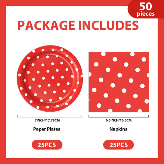 EVYIENEN 50PCS Red Polka Dot Paper Plates and Napkins Party Supplies,Red and White Party Plates and Napkins Tableware Set for Birthday Bridal & Baby Shower Wedding Party Decoration