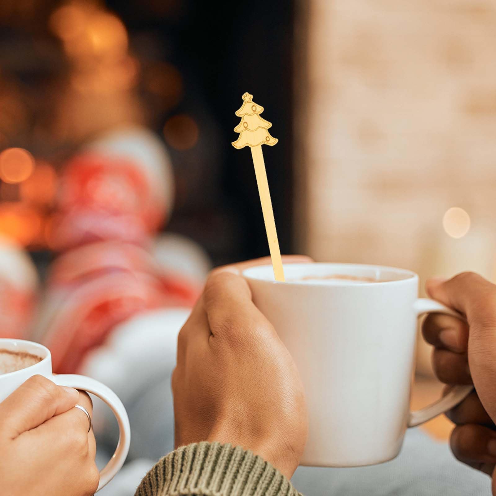 60PCS Bamboo Coffee Stirrers, 6.9 Inch Biodegradable Disposable Drink Stirrers – Santa Claus Christmas Design for Office, Coffee Shop & Home