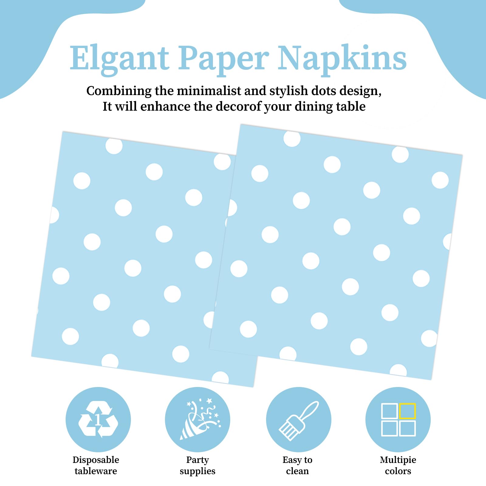 50pcs White Polka Dot Blue Napkins, Disposable 2-Ply Cocktail & Happy Birthday Napkins, Polka Dot Party Decorations for Wedding Baby Shower Birthday Bridal Party