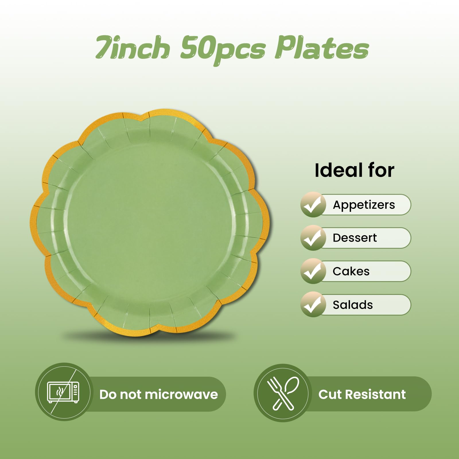 EVYIENEN 50 Pcs Sage Green Paper Plates,7 Inches Gold Foil Disposable Scalloped Paper Party Plates for Cake Dessert Halloween Fall Thanksgiving Birthday Wedding Baby Shower Party Decorations
