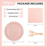 150Pcs Pink Paper Plates and Napkins,50 Guest Pink Scalloped Paper Tableware Forks Disposable Dinnerwaret Kit for Baby Shower Bridal Wedding Birthday Valentine Party New Year Decorations (7inch)