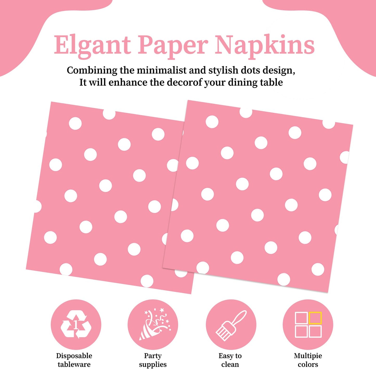 50pcs White Polka Dot Pink Napkins, Disposable 2-Ply Cocktail & Happy Birthday Napkins, Polka Dot Party Decorations for Wedding Baby Shower Birthday Bridal Party