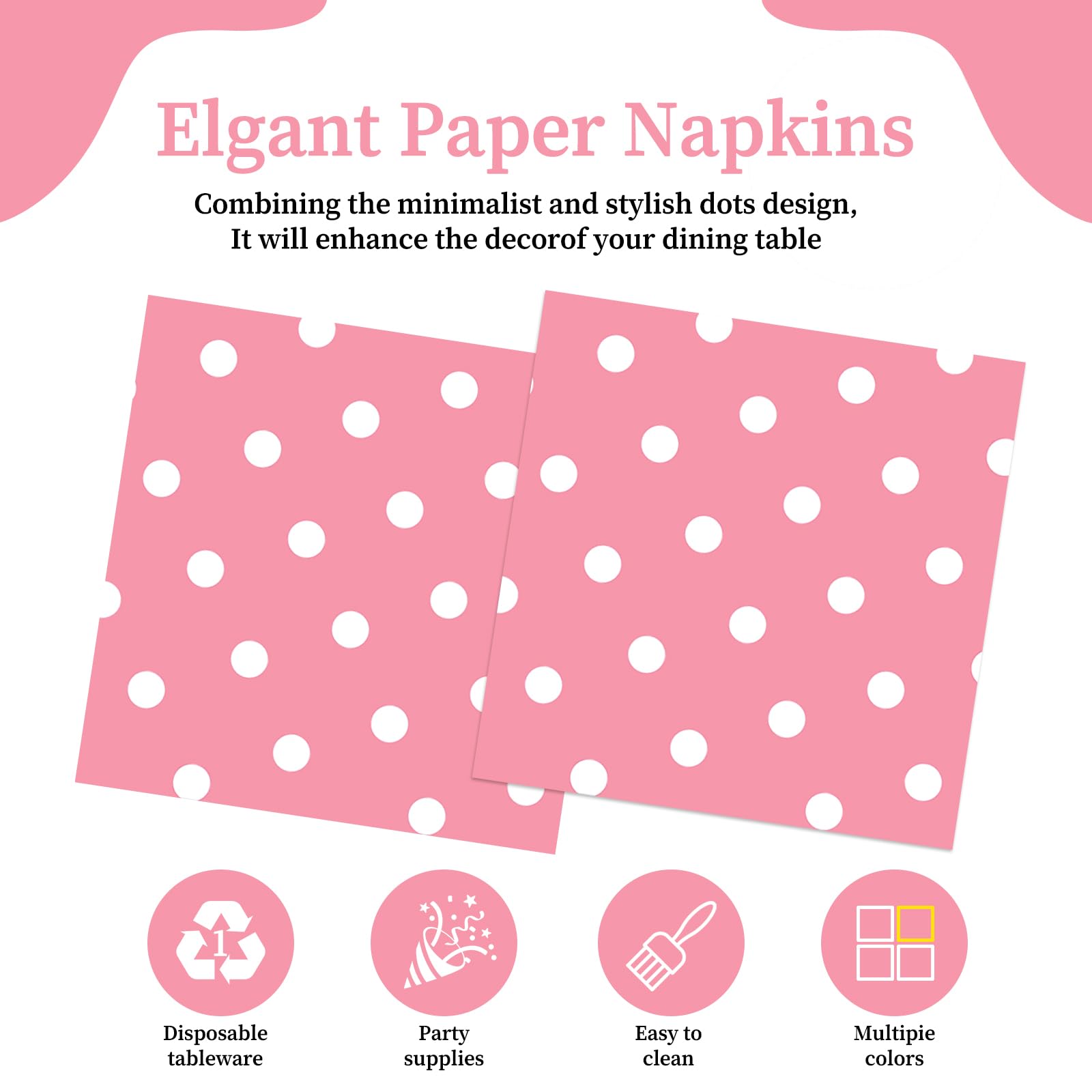 50pcs White Polka Dot Pink Napkins, Disposable 2-Ply Cocktail & Happy Birthday Napkins, Polka Dot Party Decorations for Wedding Baby Shower Birthday Bridal Party