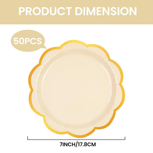 50 Pcs Ivory Scalloped Paper Plates – 7 Inch Gold Foil Dessert Plates for Weddings, Showers & Tea Parties