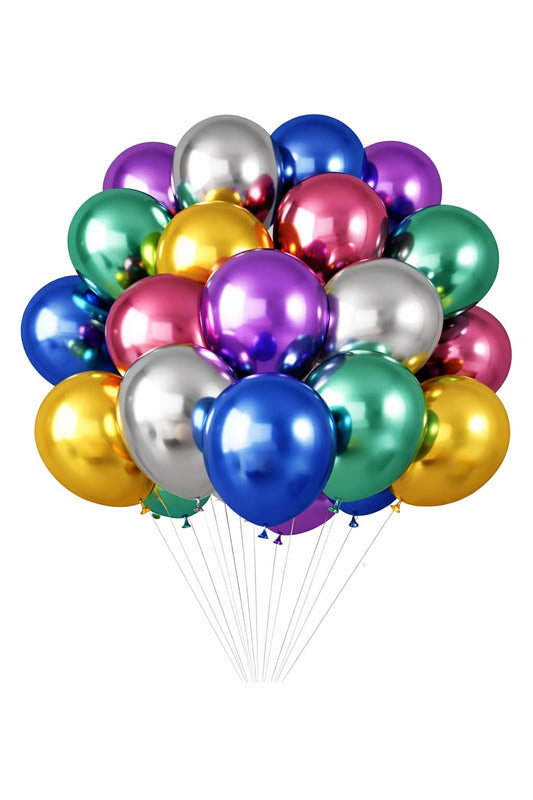 Dream Decor Celebrating Life's Moments Balloon Bouquet Kit, 50 Pack Assorted Latex Balloons with 3 Ribbons, Gold, Purple, Blue, Green, Red & Silver, Party Decorations (Multicolor Metallic)