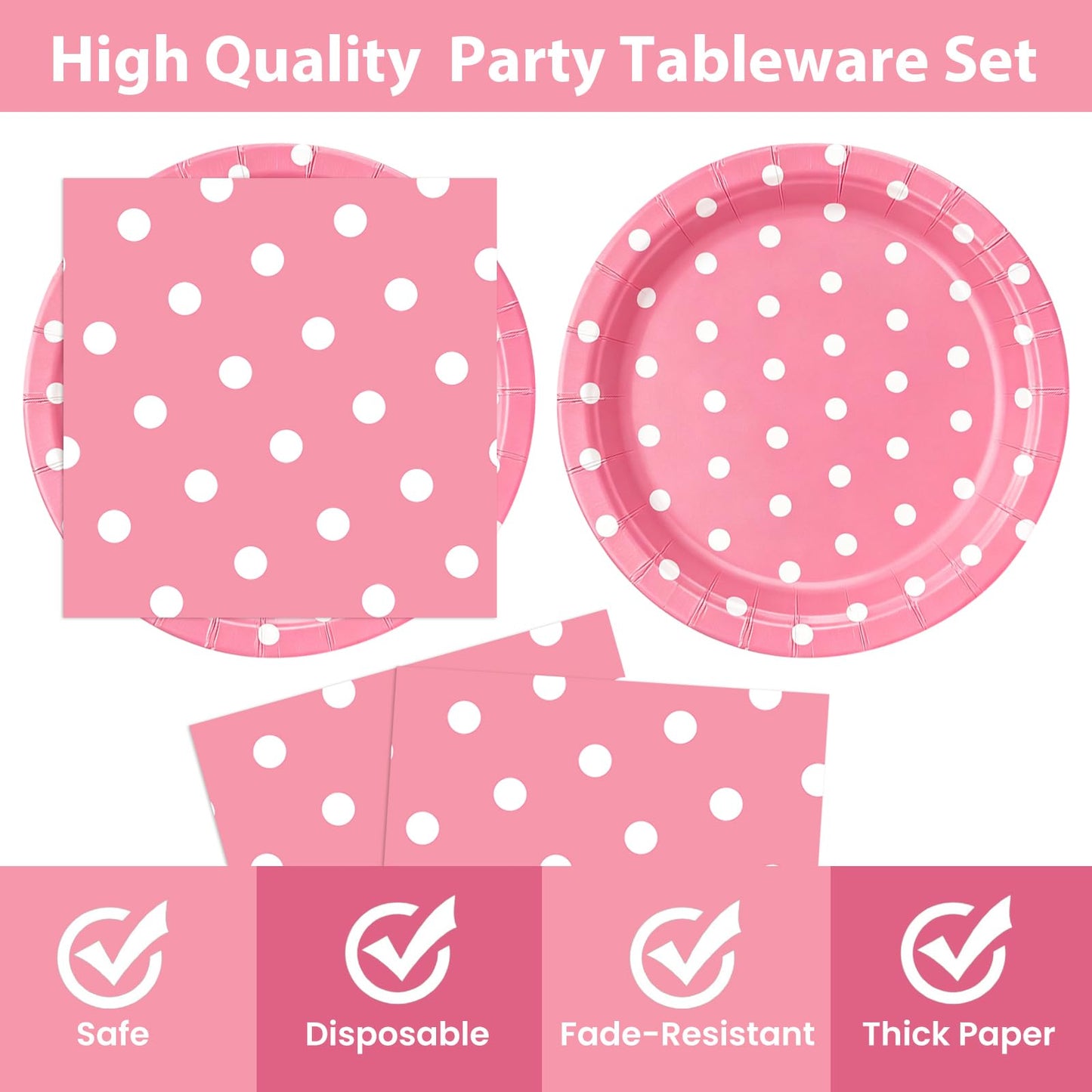 EVYIENEN 50PCS Pink Polka Dot Paper Plates and Napkins Party Supplies, Pink and White Party Plates and Napkins Tableware Set for Birthday Bridal & Baby Shower Wedding Party Decoration
