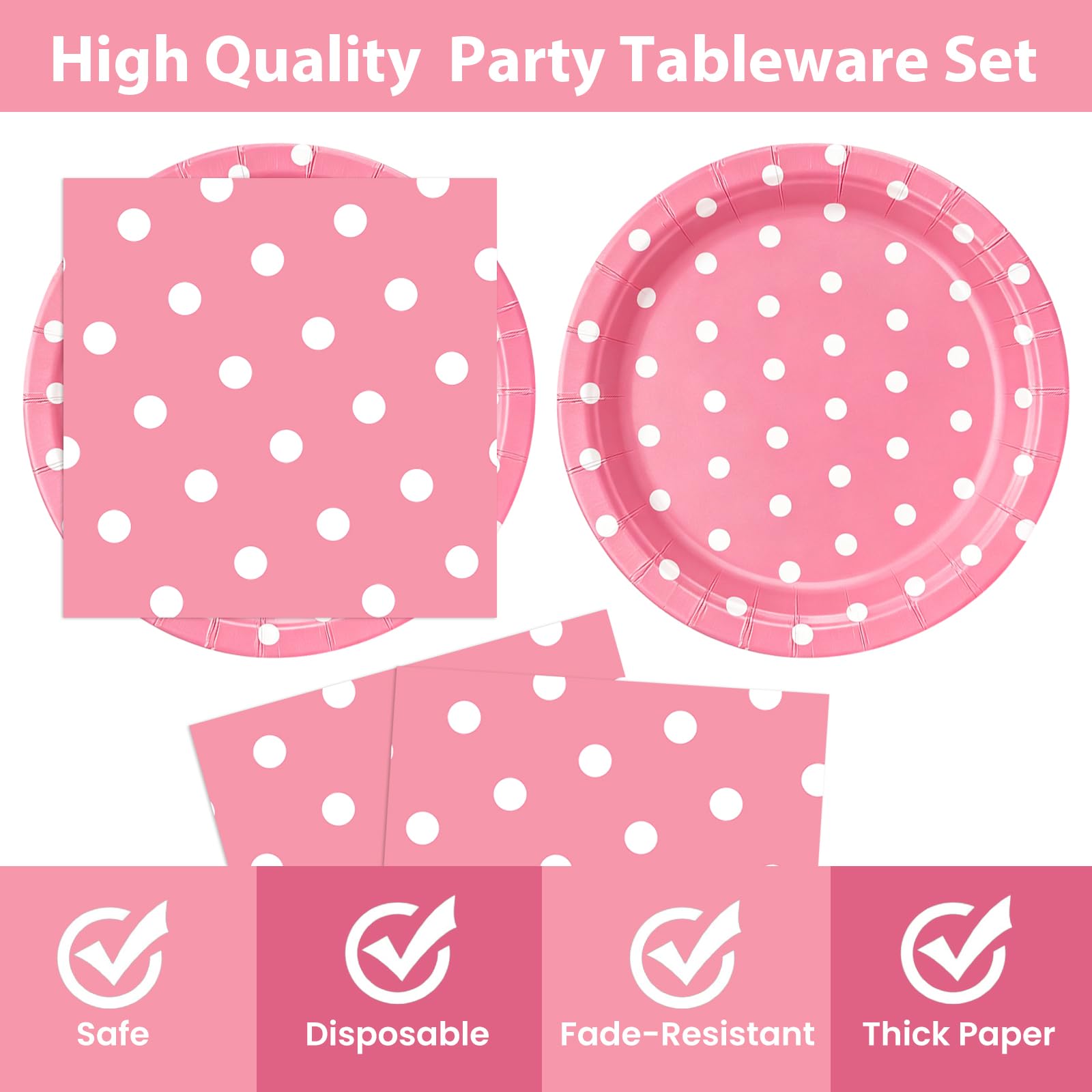 EVYIENEN 50PCS Pink Polka Dot Paper Plates and Napkins Party Supplies, Pink and White Party Plates and Napkins Tableware Set for Birthday Bridal & Baby Shower Wedding Party Decoration