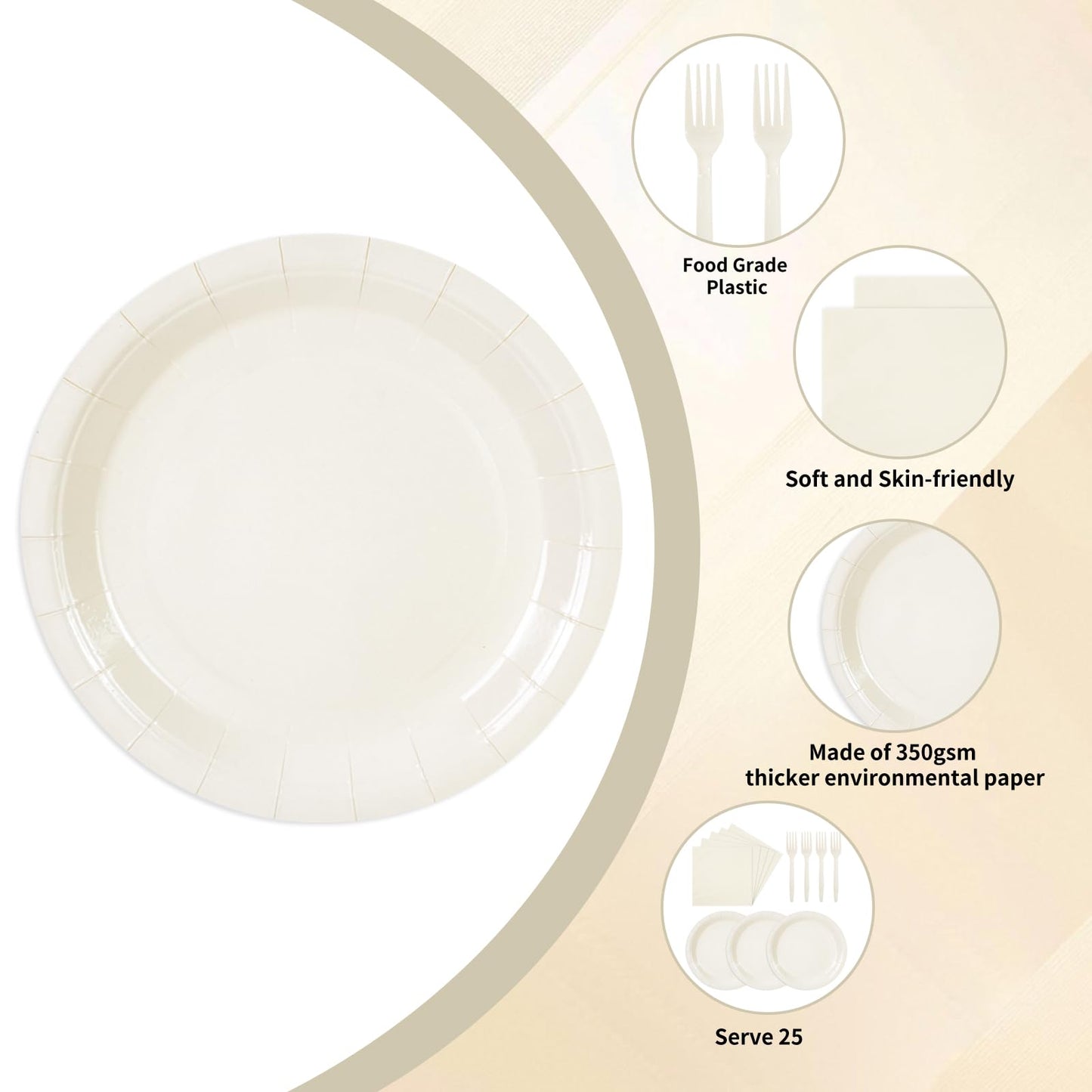 75PCS Paper Plates and Napkins Set, Lvory White Party Supplies Disposable Dinnerware Includes Paper Plates Napkins Forks Decorations for Birthday,Weddings