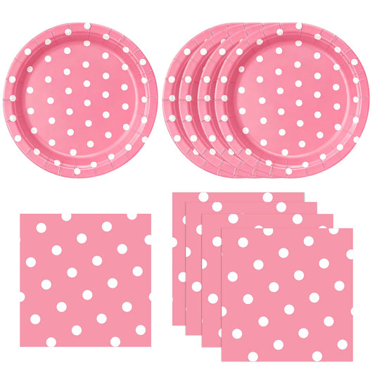 EVYIENEN 50PCS Pink Polka Dot Paper Plates and Napkins Party Supplies, Pink and White Party Plates and Napkins Tableware Set for Birthday Bridal & Baby Shower Wedding Party Decoration