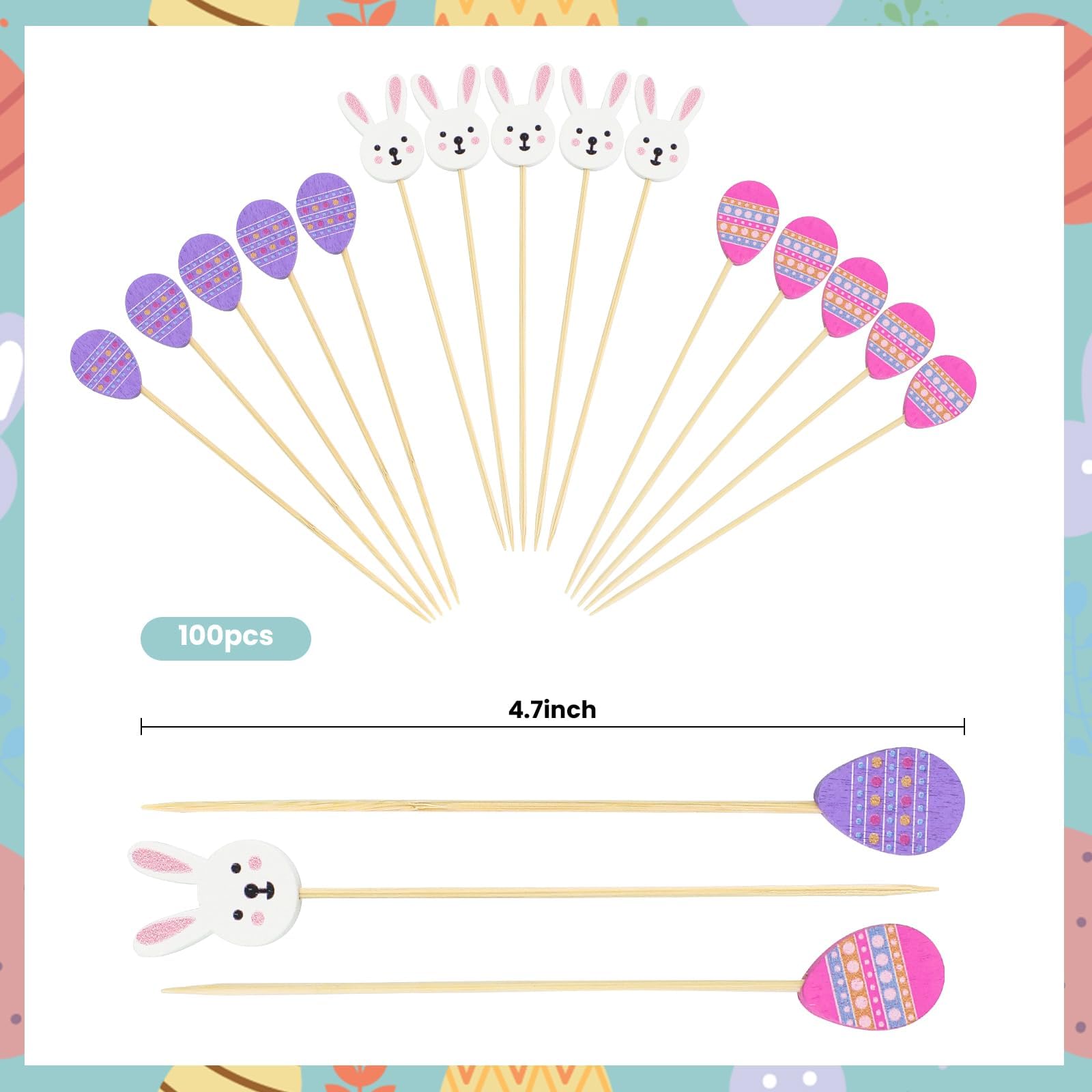 100 Pcs Easter Bunny Cocktail Picks,4.7 Inch Handmade Bamboo Sticks for Party Appetizer Charcuterie Food Sandwich Cupcake Easter Rabbit Decorations Themed Party Supplies (Easter)
