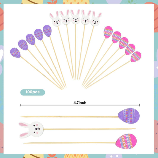 100Pcs Easter Bunny Cocktail Picks, 4.7 Inch Handmade Bamboo Sticks for Appetizers, Charcuterie and Easter Party Decorations