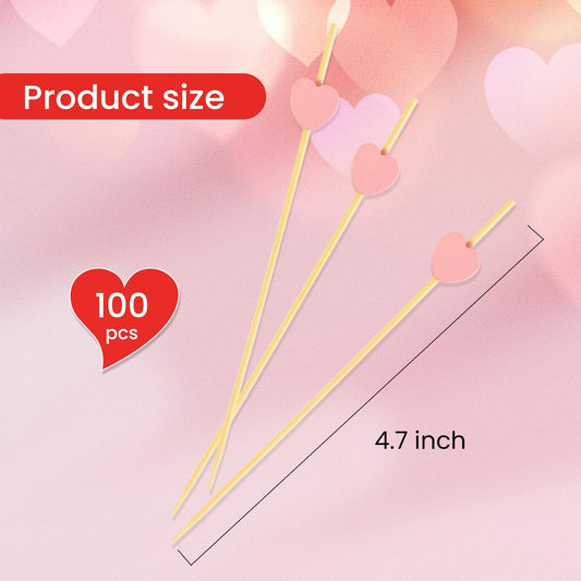 100 Pcs Pink Heart Cocktail Picks – 4.7 Inch Bamboo Toothpicks for Birthdays, Weddings & Valentine's Party Decoration