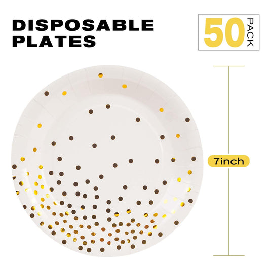 EVYIENEN 50 Pack White and Gold Paper Plates, 7 inch Metallic Foil Polka Dots Disposable Dessert Party Plates Party Supplies for Graduation Birthday Party Weddings Holiday Christmas