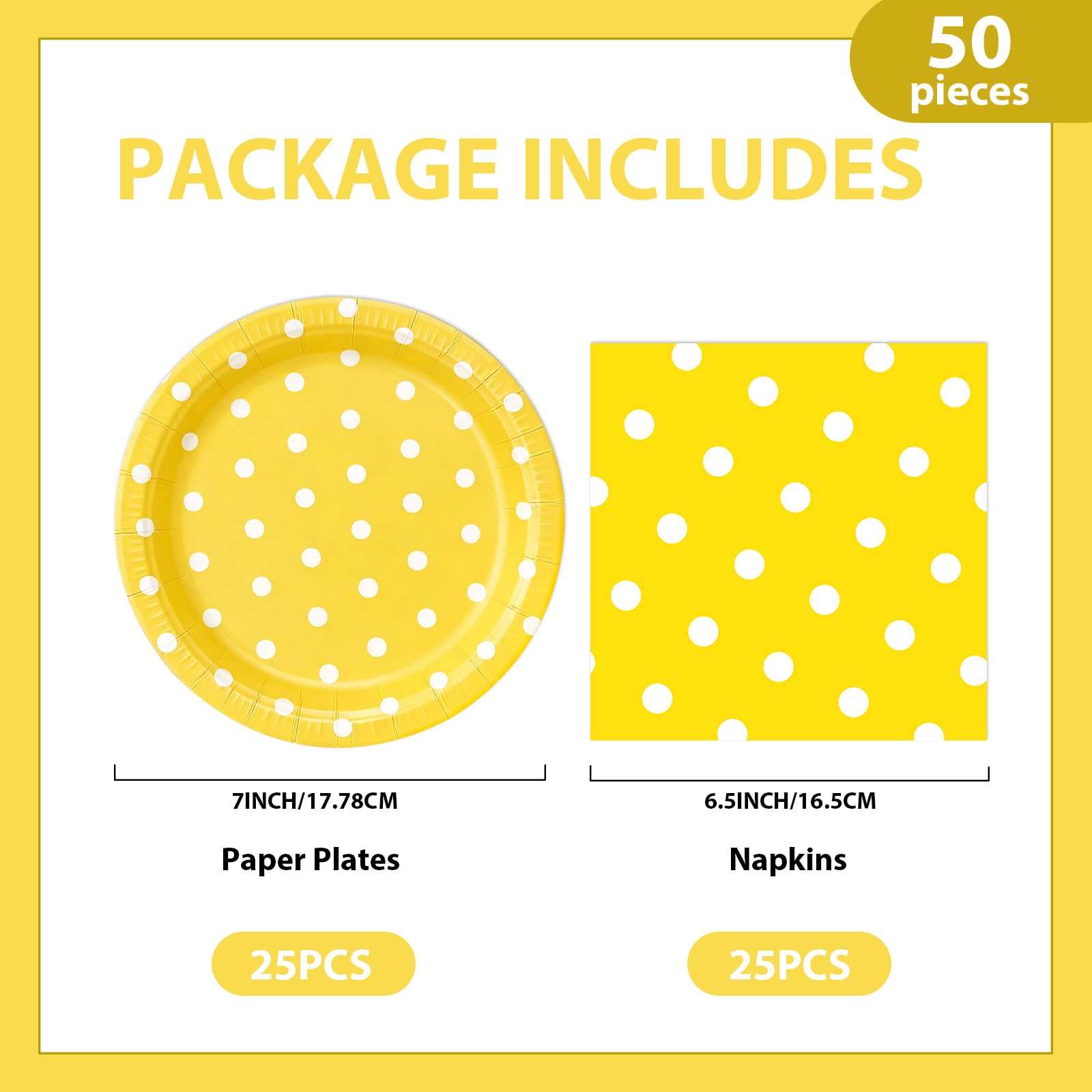 EVYIENEN 50PCS Yellow Polka Dot Paper Plates and Napkins Party Supplies, Yellow and White Party Plates and Napkins Tableware Set for Birthday Bridal & Baby Shower Wedding Party Decoration