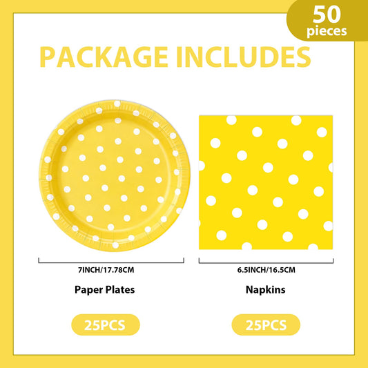 EVYIENEN 50PCS Yellow Polka Dot Paper Plates and Napkins Party Supplies, Yellow and White Party Plates and Napkins Tableware Set for Birthday Bridal & Baby Shower Wedding Party Decoration