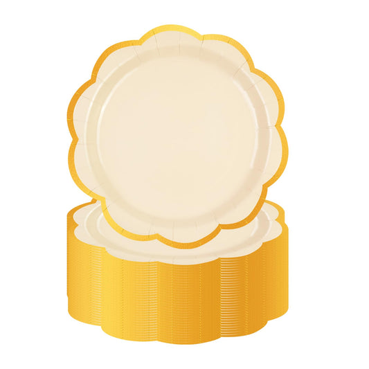 EVYIENEN 50 Pcs White Paper Plates,9 Inches Gold Foil Disposable Scalloped Paper Party Plates for Cake Dessert Halloween Fall Thanksgiving Birthday Wedding Baby Shower Party Decorations
