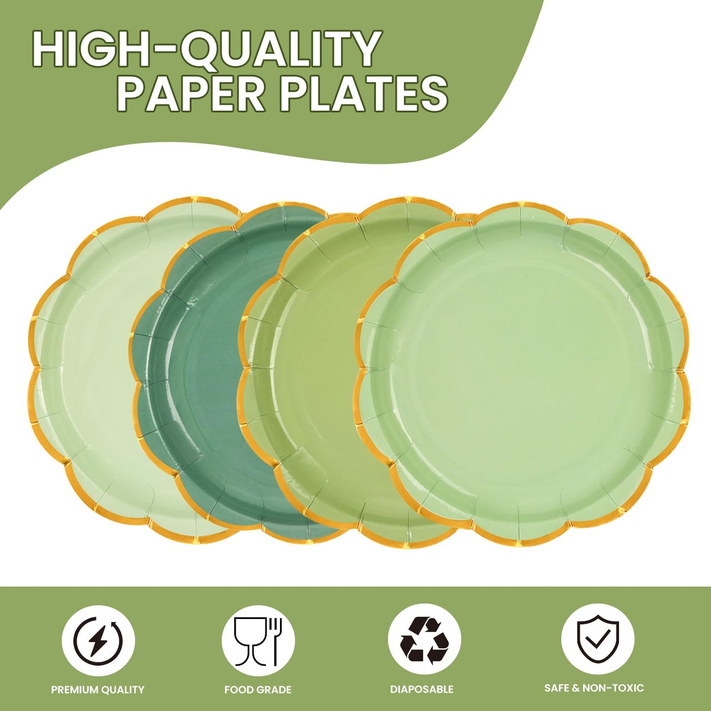 48 Pcs Blue Scalloped Paper Plates,7 Inch Gradient Blue Dessert Party Plates with Gold Foil Disposable Cake Plate Decorative Dinner Serving Plate for Birthday Wedding Graduation Party Supplies