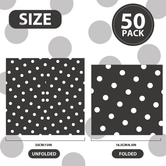50pcs White Polka Dot Black Napkins, Disposable 2-Ply Cocktail & Happy Birthday Napkins, Polka Dot Party Decorations for Wedding Baby Shower Birthday Bridal Party