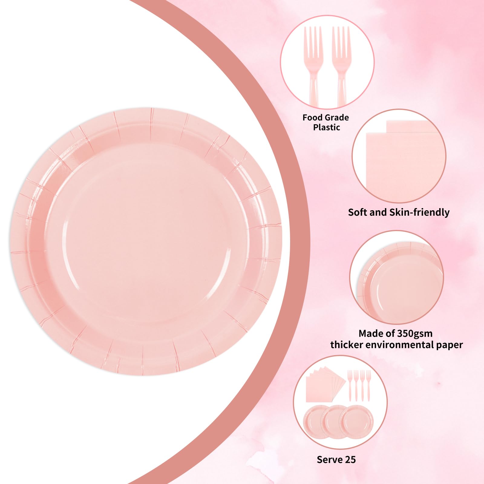 75PCS Paper Plates and Napkins Set, Pink Party Supplies Disposable Dinnerware Includes Paper Plates Napkins Forks Decorations for Birthday,Weddings