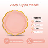 EVYIENEN 50 Pcs Pink Paper Plates,7 Inches Gold Foil Disposable Scalloped Paper Party Plates for Cake Dessert Halloween Fall Thanksgiving Birthday Wedding Baby Shower Party Decorations