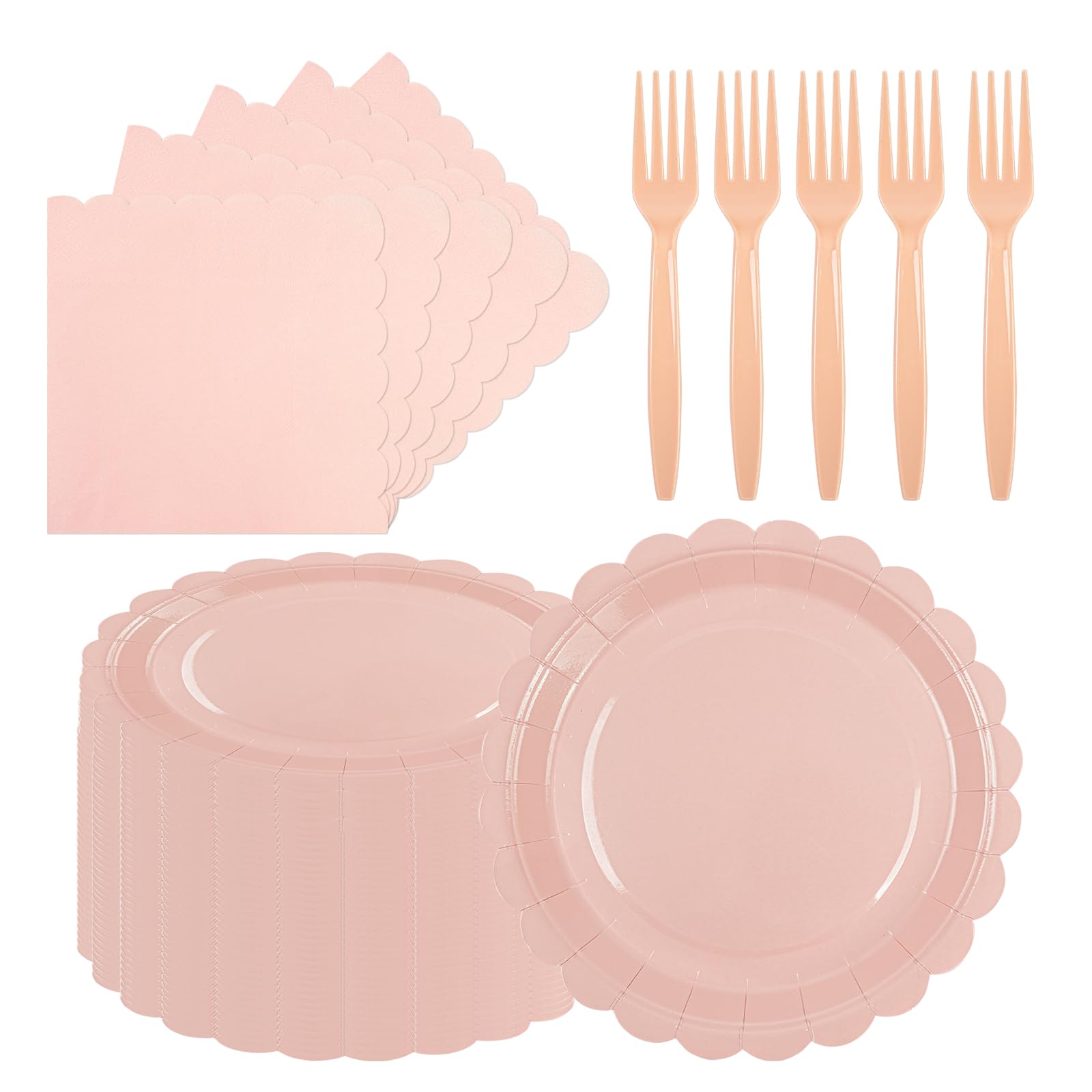 150Pcs Pink Paper Plates and Napkins,50 Guest Pink Scalloped Paper Tableware Forks Disposable Dinnerwaret Kit for Baby Shower Bridal Wedding Birthday Valentine Party New Year Decorations (7inch)