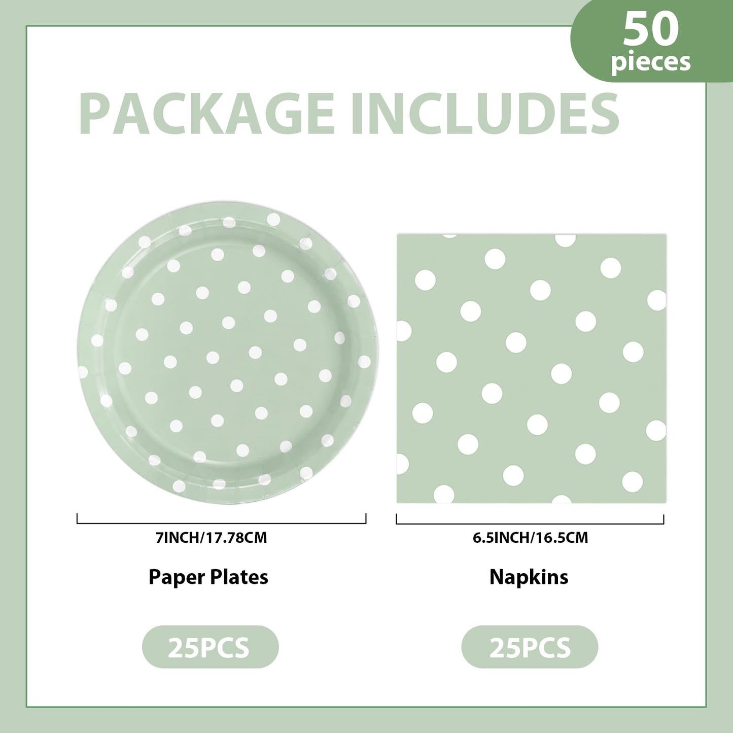 EVYIENEN 50PCS Sage Green Polka Dot Paper Plates and Napkins Party Supplies, Green and White Party Plates and Napkins Tableware Set for Birthday Bridal & Baby Shower Wedding Party Decoration
