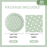 EVYIENEN 50PCS Sage Green Polka Dot Paper Plates and Napkins Party Supplies, Green and White Party Plates and Napkins Tableware Set for Birthday Bridal & Baby Shower Wedding Party Decoration