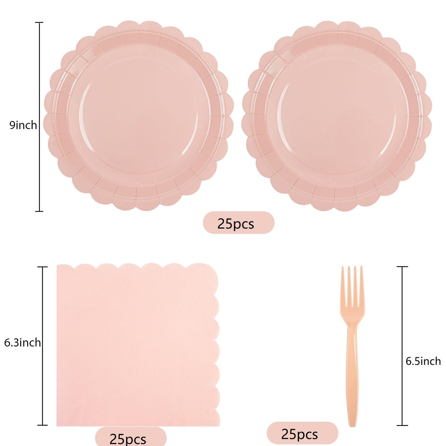 EVYIENEN 75Pcs Pink Paper Plates and Napkins,25 Guest Pink Scalloped Paper Tableware Forks Disposable Dinnerwaret Kit for Baby Shower Bridal Wedding Birthday Valentine Party New Year Decorations