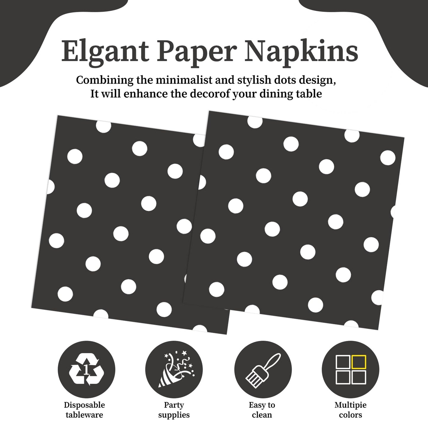 50pcs White Polka Dot Black Napkins, Disposable 2-Ply Cocktail & Happy Birthday Napkins, Polka Dot Party Decorations for Wedding Baby Shower Birthday Bridal Party