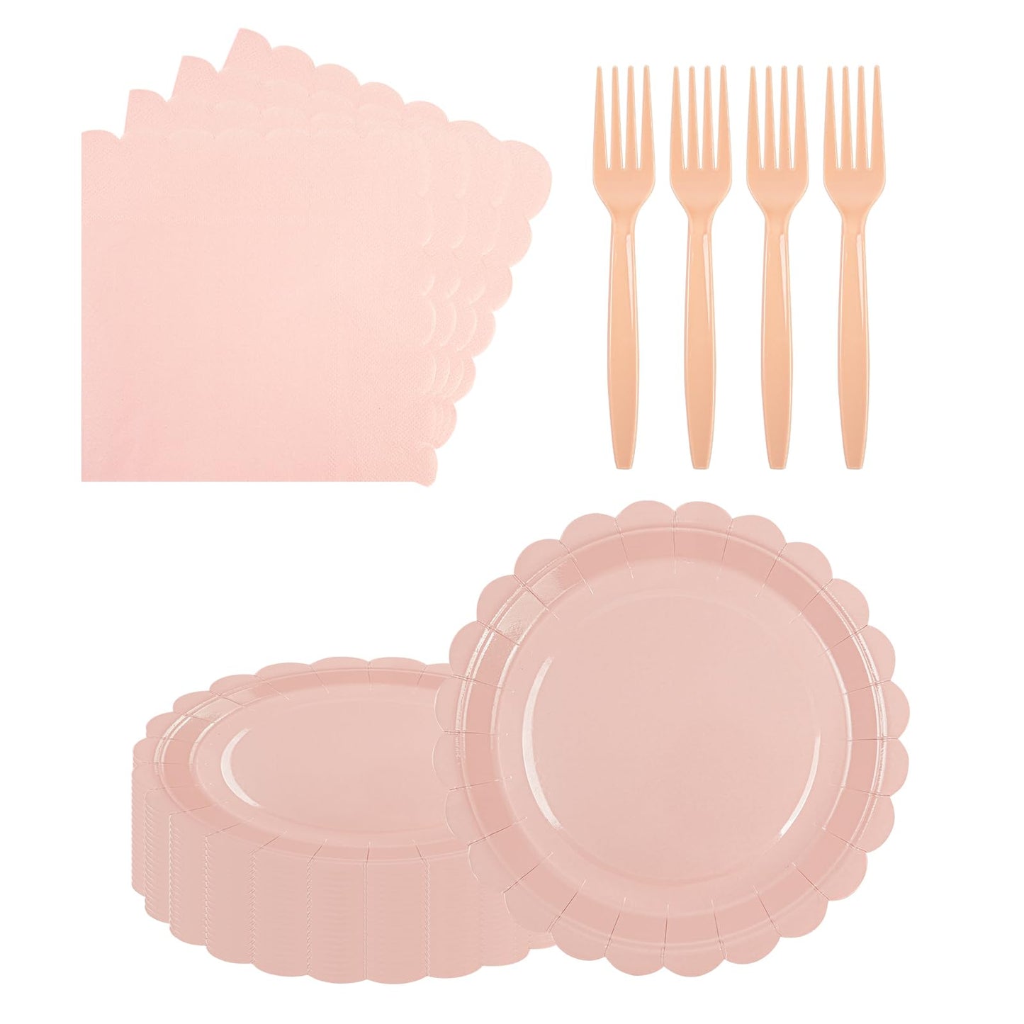 75 Pcs Pink Scalloped Paper Plates, Napkins & Forks Set – Disposable Tableware for Baby Shower, Bridal Shower, Weddings & Valentine's, Serves 25 (9 Inch)
