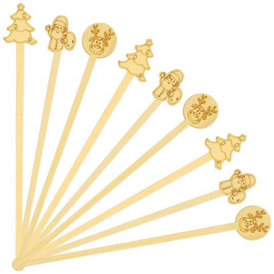 60PCS Bamboo Coffee Stirrers, 6.9 Inch Biodegradable Disposable Drink Stirrers – Santa Claus Christmas Design for Office, Coffee Shop & Home